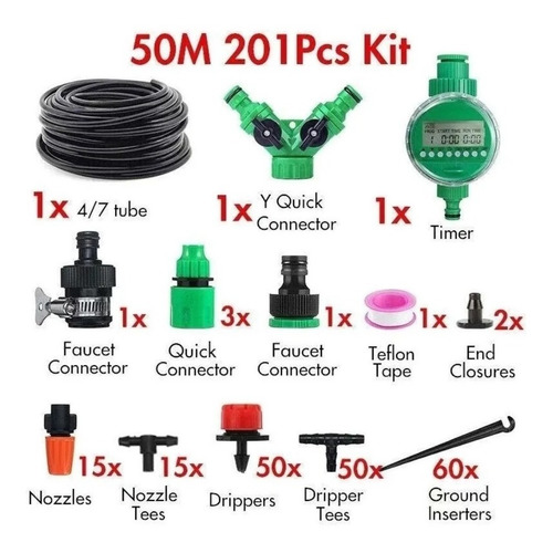 Imagen 2 de 5 de Kit De Riego Sistema Automático 50m 201 Piezas C/cronometro