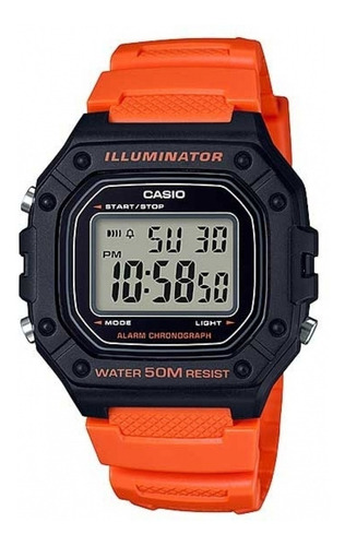 Reloj de pulsera Casio Youth W-218H de cuerpo color negro, digital, para hombre, fondo gris, con correa de resina color naranja, dial negro, minutero/segundero negro, bisel color negro, luz ámbar y hebilla simple