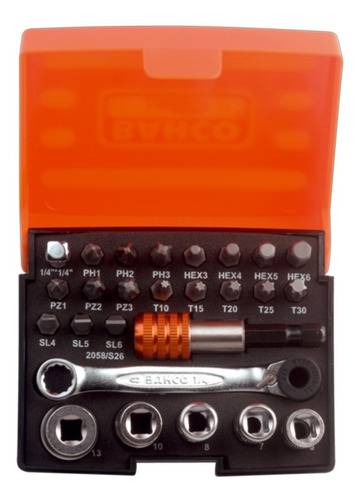 Set Juego Bahco Tubo Hexagonal Bocallave Torx Allen Philips Plano Crique 26 Piezas Encastre 1/4'' En Estuche