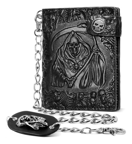 Zekee Cartera De Cuero Con Cadena Gótica De Calavera - Acces