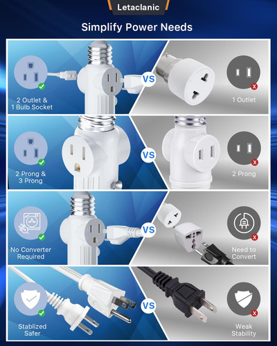 Adaptador De Enchufe Con 2 Clavijas E26/e27 Paquete De 2