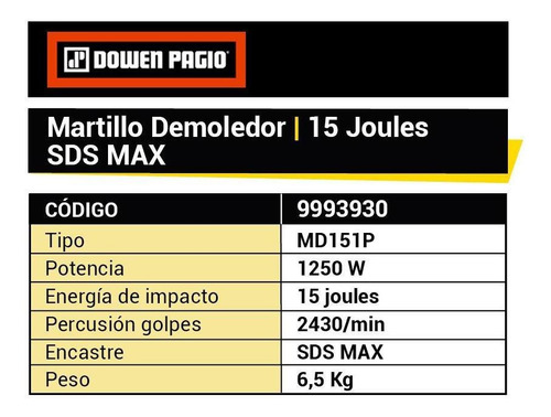 Imagen 5 de 9 de Martillo Demoledor Sds Max 15j 1250w Dowen Pagio Maletin