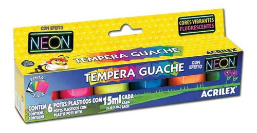 Tinta Tempera Guache Neon 15ml Com 6 Cores Escolar Acrilex