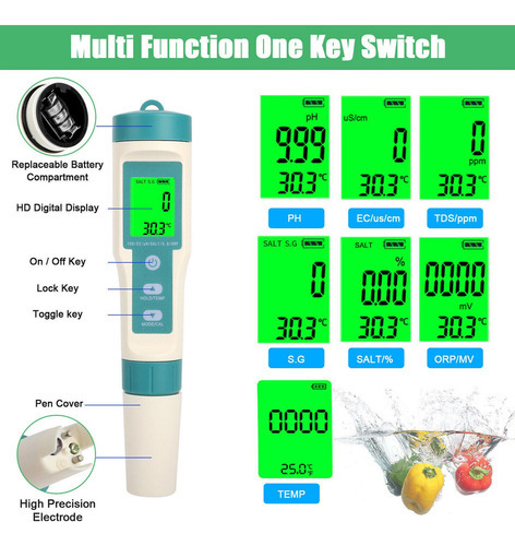 7 Em 1 Medidor De Ph/ec/tds/orp/sg/salinidade/temperatura
