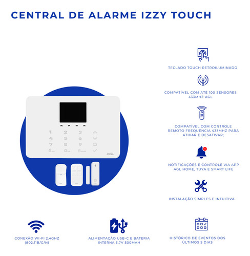 Kit Central De Alarme Izzy Touch Wifi 433mhz Segurança Agl