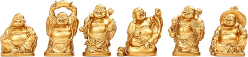 Juego 6 Figuras Estatua Buda Sonriente Resina Dorada 5 Cm