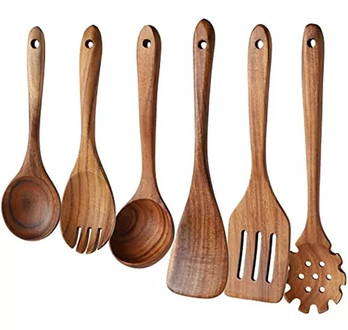 Cucharas de madera para cocinar, paquete de 11 utensilios de cocina de  madera de teca, juego de utensilios de cocina de madera para cocinar, juego  de