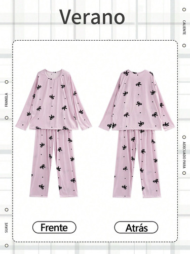 2pzs Conjunto De Pijama Casual Manga Larga Estampado Mujer