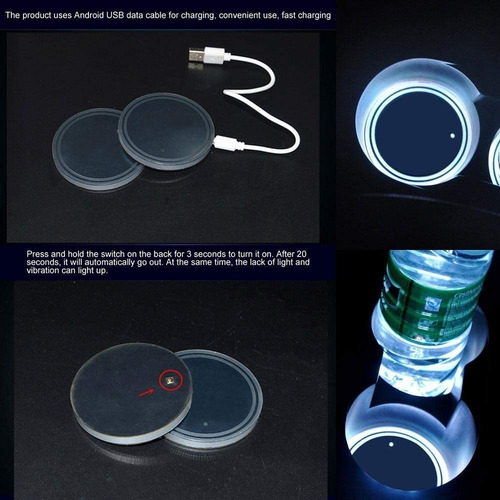 Set 2 Posavasos Luz Led Cambiante Para Autos Usb Solar