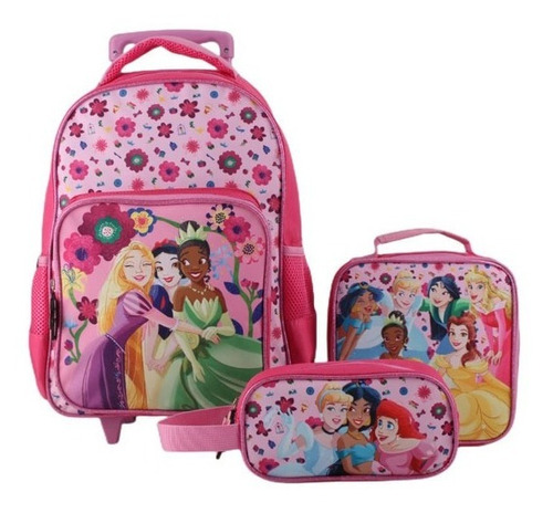 Mochila Escolar Ruedas Princesas Disney + Estuche + Lonchera