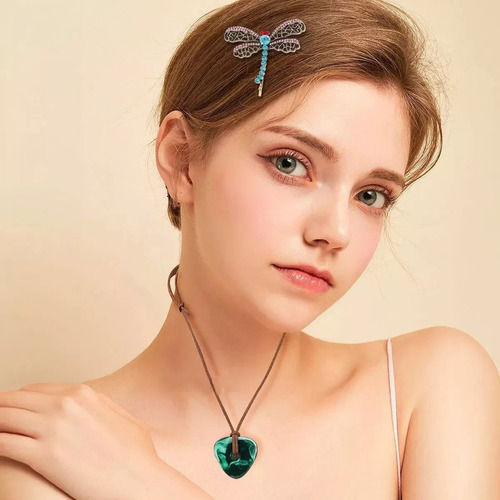 3pz Coraline Collar Piedra Verde+llave Botón+broche Libélula Azul Petróleo