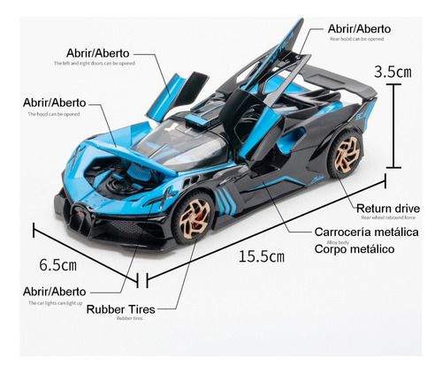 Bugatti Bolide Miniatura Metal Carro Com Luzes E Som 1/32