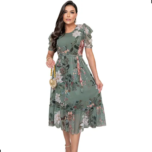 Vestido Feminino Midi Tule Estampado Manga Bufante Plus Size