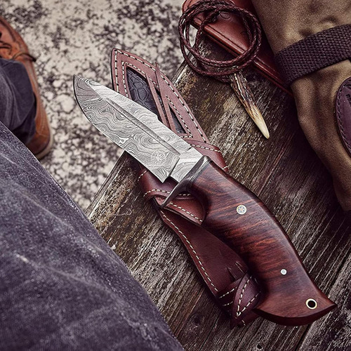 Cuchillo De Caza Bigcat Roar Damasco Hecho A Mano Con Funda