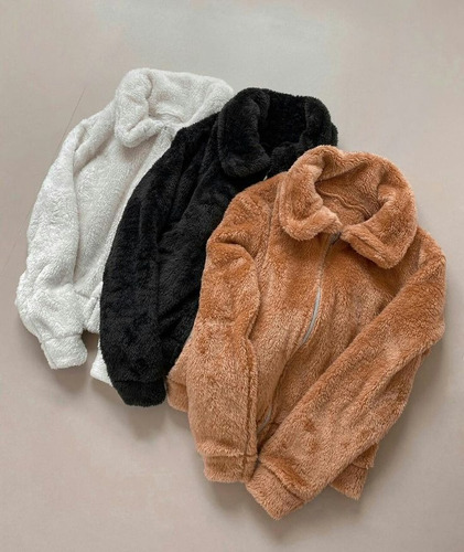 Campera De Peluche Abrigo Mujer Saco Bifaz Lisos Bolsillos