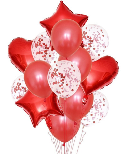 Set Globos Estrellas Corazones Latex Rojo Confeti X14 Pcs