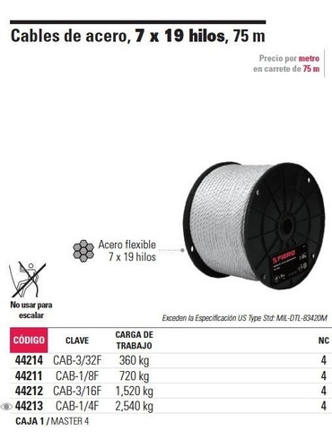 Imagen 2 de 4 de Cable Acero 1/4' 7x19 Hilos Fiero 44213