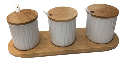 Set De Frascos Ceramica X3 C/tapa De Madera Y Cuchara