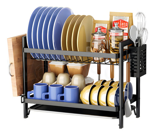 Escurridor De Platos De 2 Niveles Con Bandejas De Extraíbles Color Negro