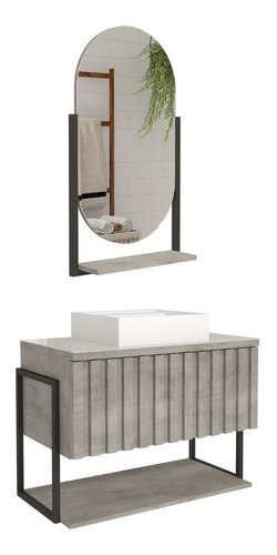 Gabinete Banheiro Mdf E Aço C/ Cuba Espelheira 1 Porta Cinza Cor da pia Cimento Cor do móvel Cimento Quantidade de furos para torneira Um furo