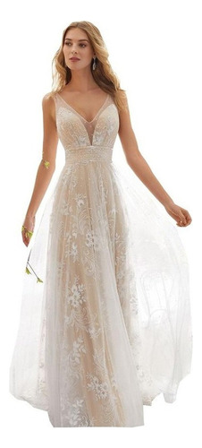 Long Sleeveless V-neck Wedding Dress With Lace