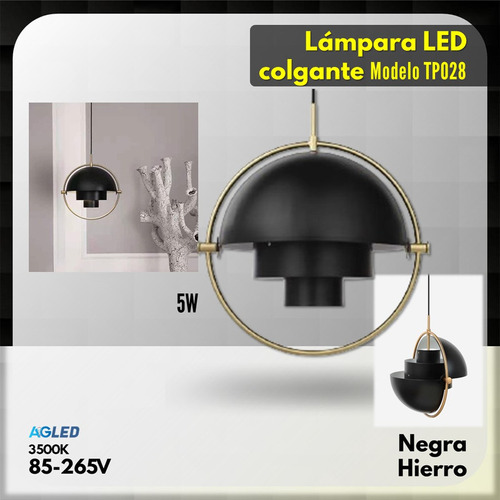 Lampara Led Colgante 5w Negra 3500k 85-265v Hierro Mod Tp028