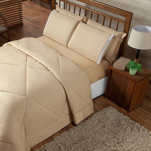 Kit Aconchego Casal Queen Edredom+ Jogo Lençol Roupa De Cam Cor Avelã