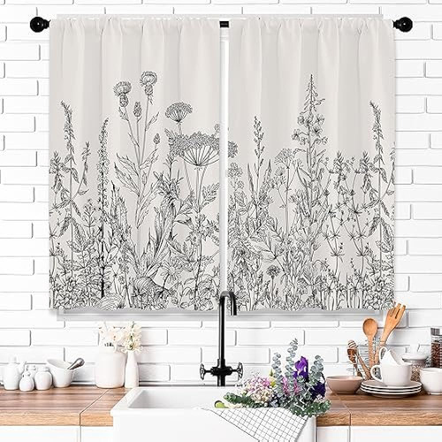 Opeoddie Black Farmhouse Cortinas De Cocina Florales Rústica