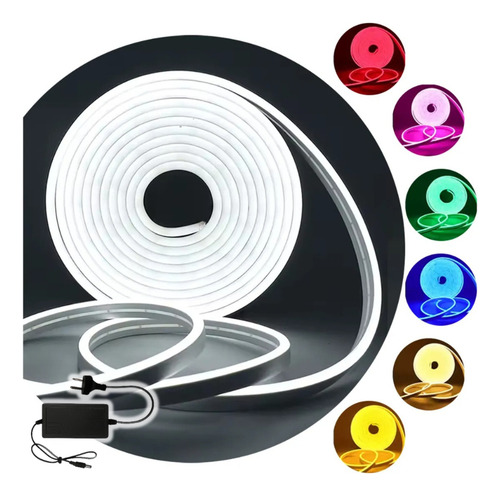 Kit Manguera Luz Neon 5 Mts + Fuente + Ficha 12v Exterior Interior Resiste Al Agua Luminoso Flexible Levys Bazar Blanco Frío