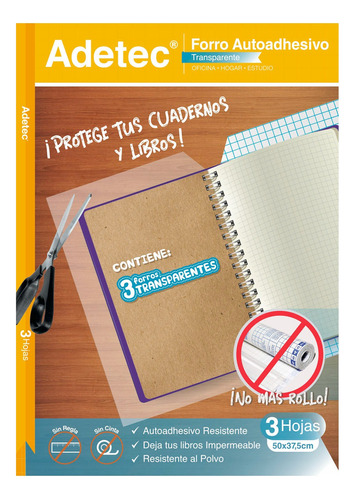 Pack 3 Forros Adhesivo Transparente Libro Cuaderno Adetec