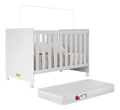 Berço Americano Com Colchão Impermeável Incluso Branco 3 Em 1 Multifuncional Baby Bebê Bela Vira Cama Quarto Infantil Regulagem Altura Rodizio