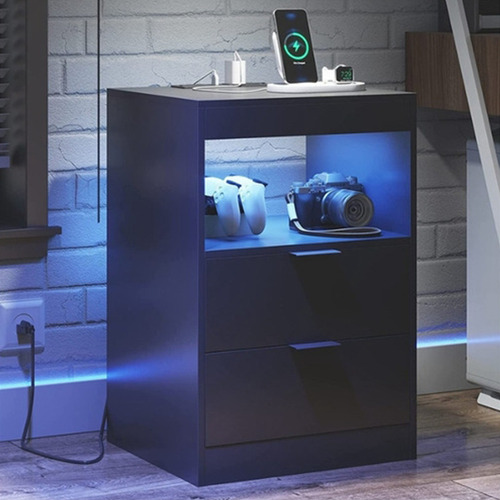 Mesa Buro De Noche Mesita Gris Con 2cajones Y Led 40*35*60cm Gris