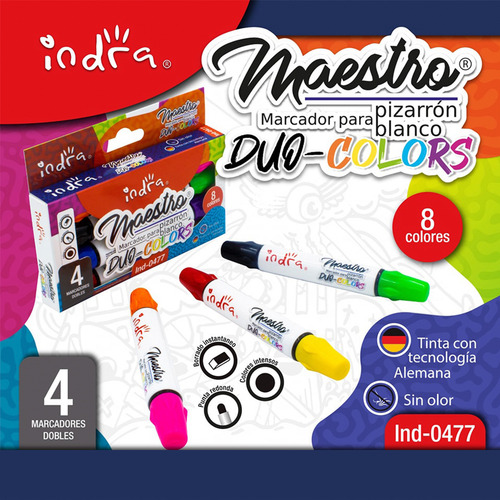 Marcadores Para Pizarron Indra Punta Doble 8 Colores 4 Pzs