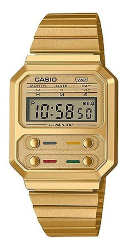 Relógio digital masculino unissex Casio Vintage A-100weg, cor de malha, cor dourada, moldura dourada, cor de fundo dourada