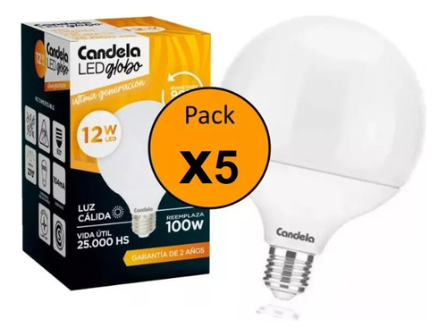 Pack 5  Lampara Led Globo 12w = 100w Luz Fria Calida Candela