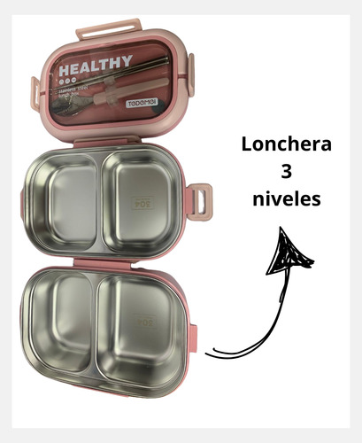 Lunchera Termica Contenedor Hermetico 3 Niveles C/ Cubiertos Rosa Rosa Viejo