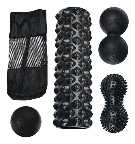 Set Rollo Yoga + Bolas Para Masajes Fascia Plantar Dolencias Color Negro