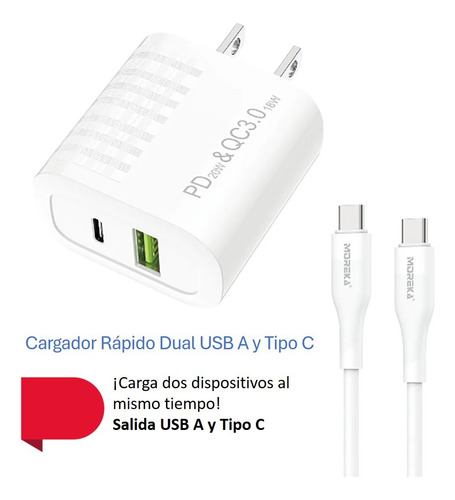 Cargador De Pared 40w Moreka Ac108 Dual Incluye Cable Tipo C