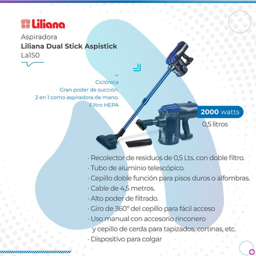 Imagen 2 de 10 de Aspiradora Liliana Dual Stick Aspistick 1000w 0.5 Lts La150