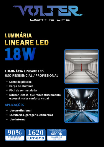Kit 50 Luminaria Led Sobrepor Linear 18w 6500k Bivolt 60cm