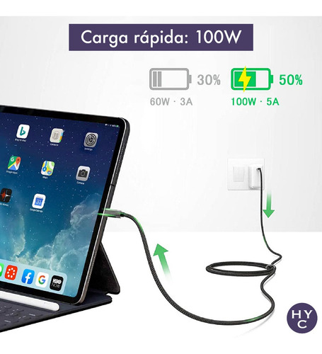 Imagen 5 de 10 de Cable 2 Metros Usb C Thunderbolt 3 100w 4k 60ghz 20gbps