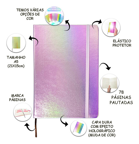 Caderneta Holográfica A5 (21x14cm) - 78 Folhas Pautadas Roxo