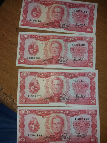 4 Billetes Uruguay $100 1967 Rojo Consecutivos Serie A