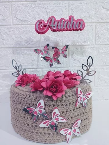 Topper Topo de Bolo Adulto Feminino Borboletas Personalizado