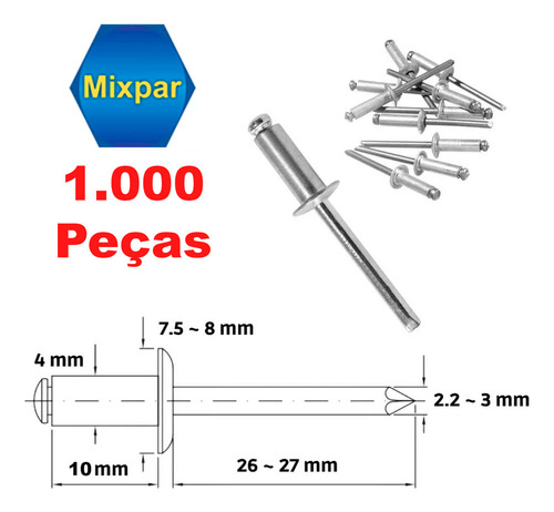 / Rebite Pop Repuxo Inox A2 410 (4.0 X 10) C/ 1000 Unidades