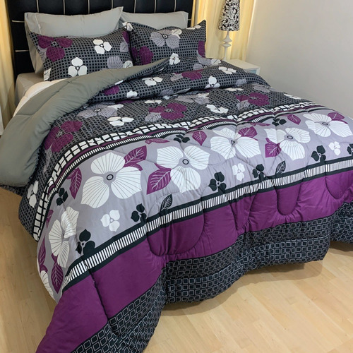 Imagen 2 de 6 de Plumón King Estampado Flor Gris + Fundas