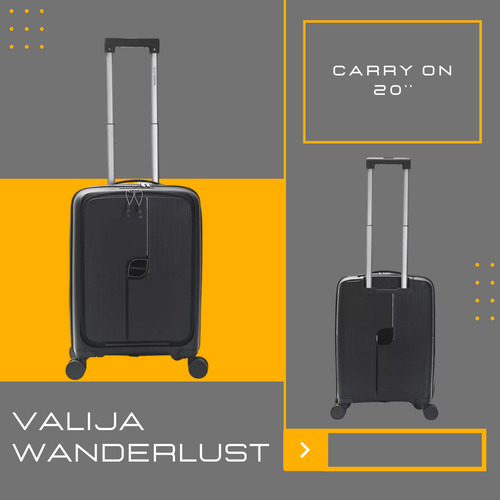 Valija Carry On Wanderlust Urban Mode Hard 20 Pulgadas Color Negro Cabina Viaje Rígida Con Ruedas Dobles Giro 360 Candado Tsa Interior Forrado Poliéster Bolsillo Frontal Asa Telescópica Reforzada