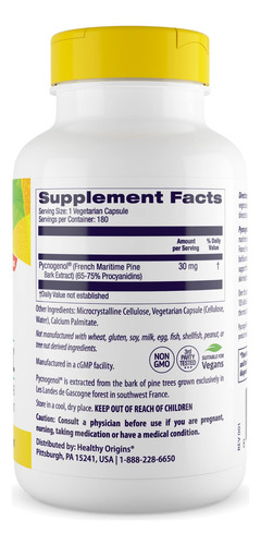 Healthy Origins Pycnogenol Veg Capsules, 30 Mg, 180 Count