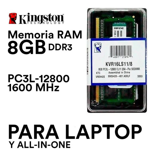 Imagen 1 de 1 de Memoria 8gb Ddr3 Kingston Pc3l-12800 204pines Sodimm Laptop