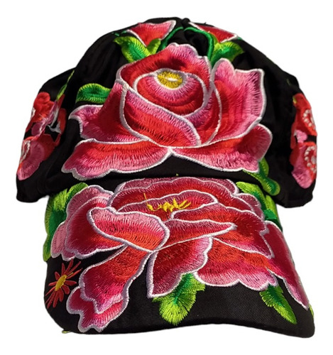 Gorra Negra Con Bordado De Flores Rojo